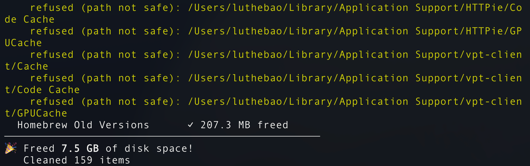 mac-cli clean output showing several 'refused (path not safe)' lines, then 'Freed 7.5 GB of disk space! Cleaned 159 items'