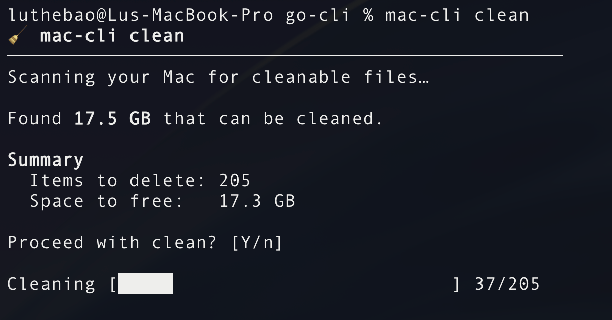 mac-cli clean scanning the Mac and reporting 17.5 GB cleanable, with a summary of 205 items and a [Y/n] confirmation prompt
